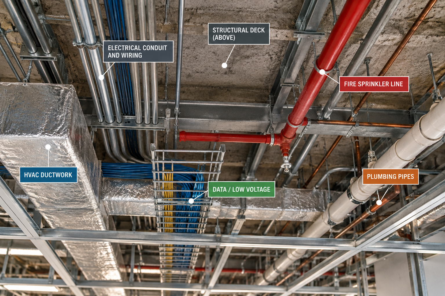 Above-ceiling MEP systems including electrical conduit, pipes, ductwork, and hidden services