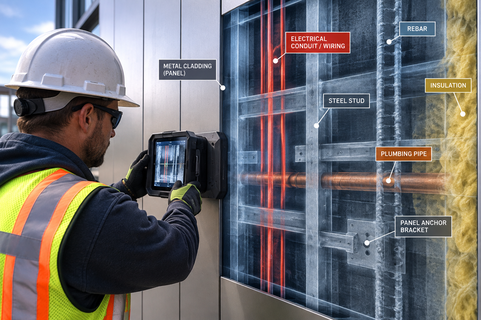 Worker scanning through metal cladding with hidden construction elements visualized behind the panel