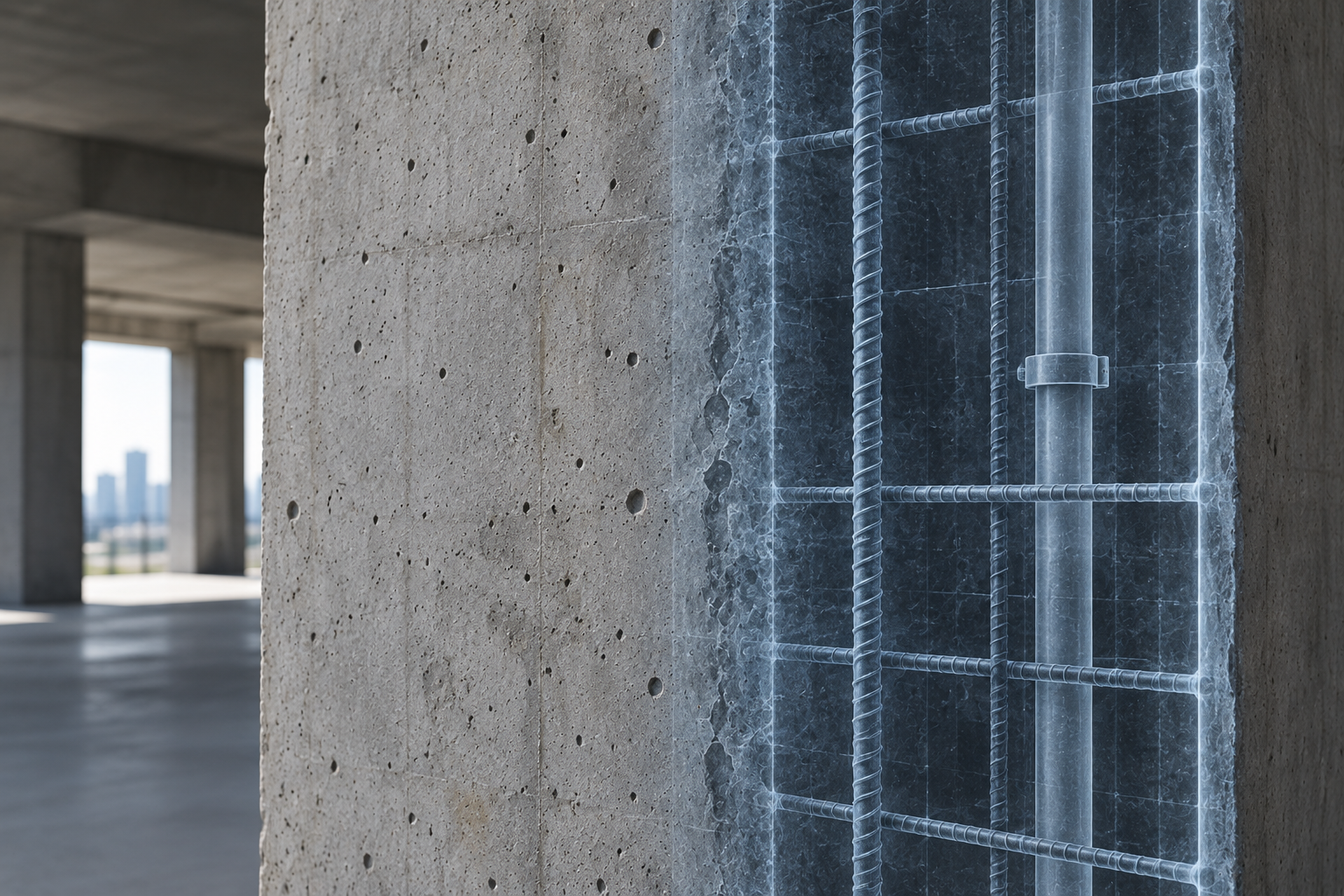Concrete cutaway showing reinforcing steel, conduits, post-tension elements, and embedded services