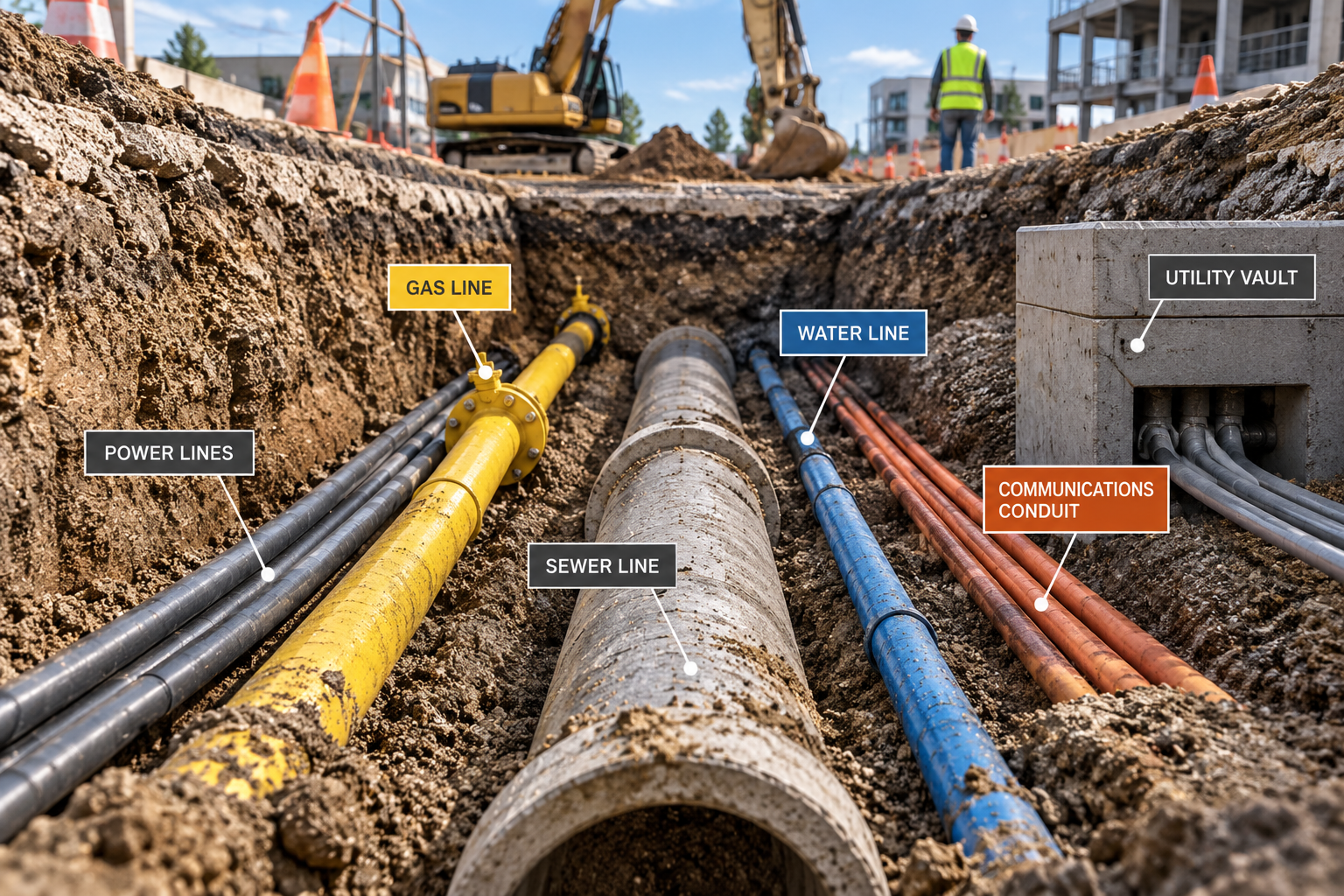 Underground utility lines including power, gas, water, sewer, and communications